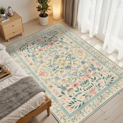 Vintage Green Boho Floral Rug for Living and Bedroom Indoor Rooms