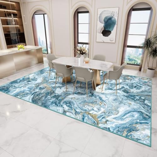 Blue/Gold Machine-Washable Artistic Area Rug for Living, Bedroom & Dining Room - 5'x7'