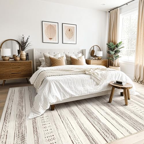 Soft Neutral Boho Moroccan Area Rug - Large &amp; Washable - Ideal for Living Room, Bedroom, Dining or Home Office - Bro