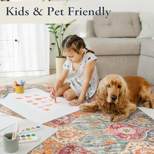 Lahome Moroccan Trellis Washable 5x7 Area Rug, Cream/Multi for Living Room Bedroom