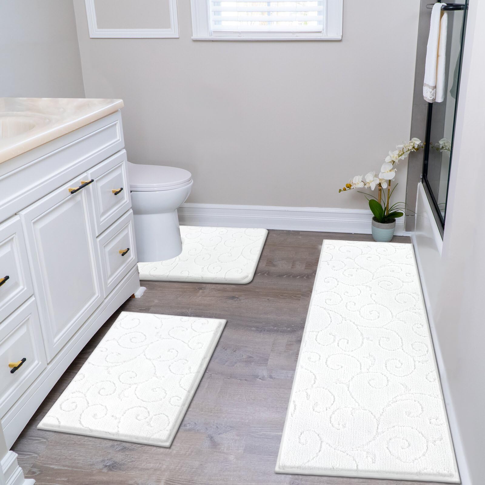 HEBE Non-Slip 3-Piece Bathroom Rug Set with U-Shaped Mat, Absorbent Microfiber Mats