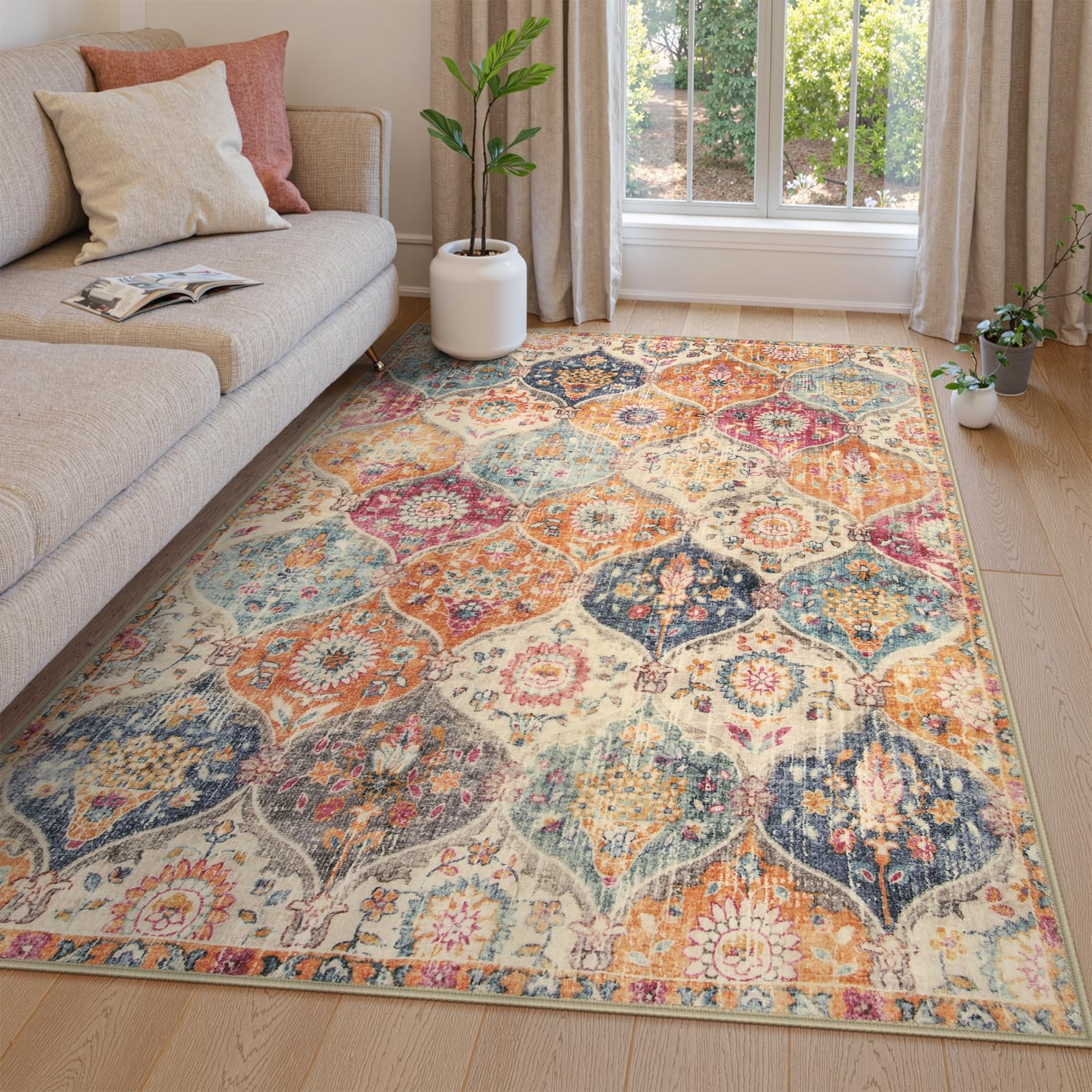 Lahome Moroccan Trellis Washable 5x7 Area Rug, Cream/Multi for Living Room Bedroom
