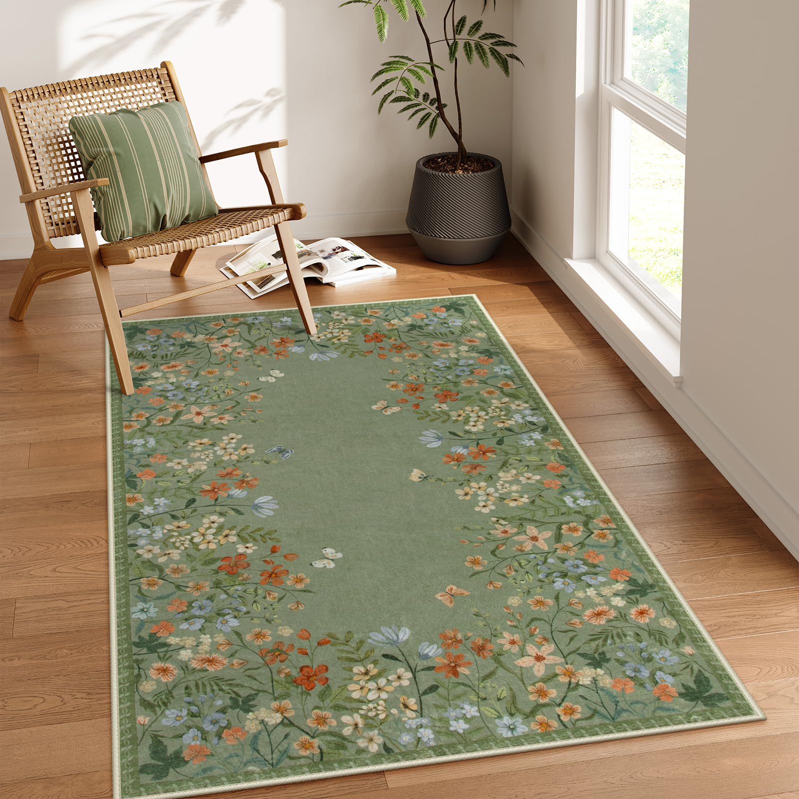 Lahome Boho Green 3x5 Washable Entryway Rug for Bedroom & Kitchen