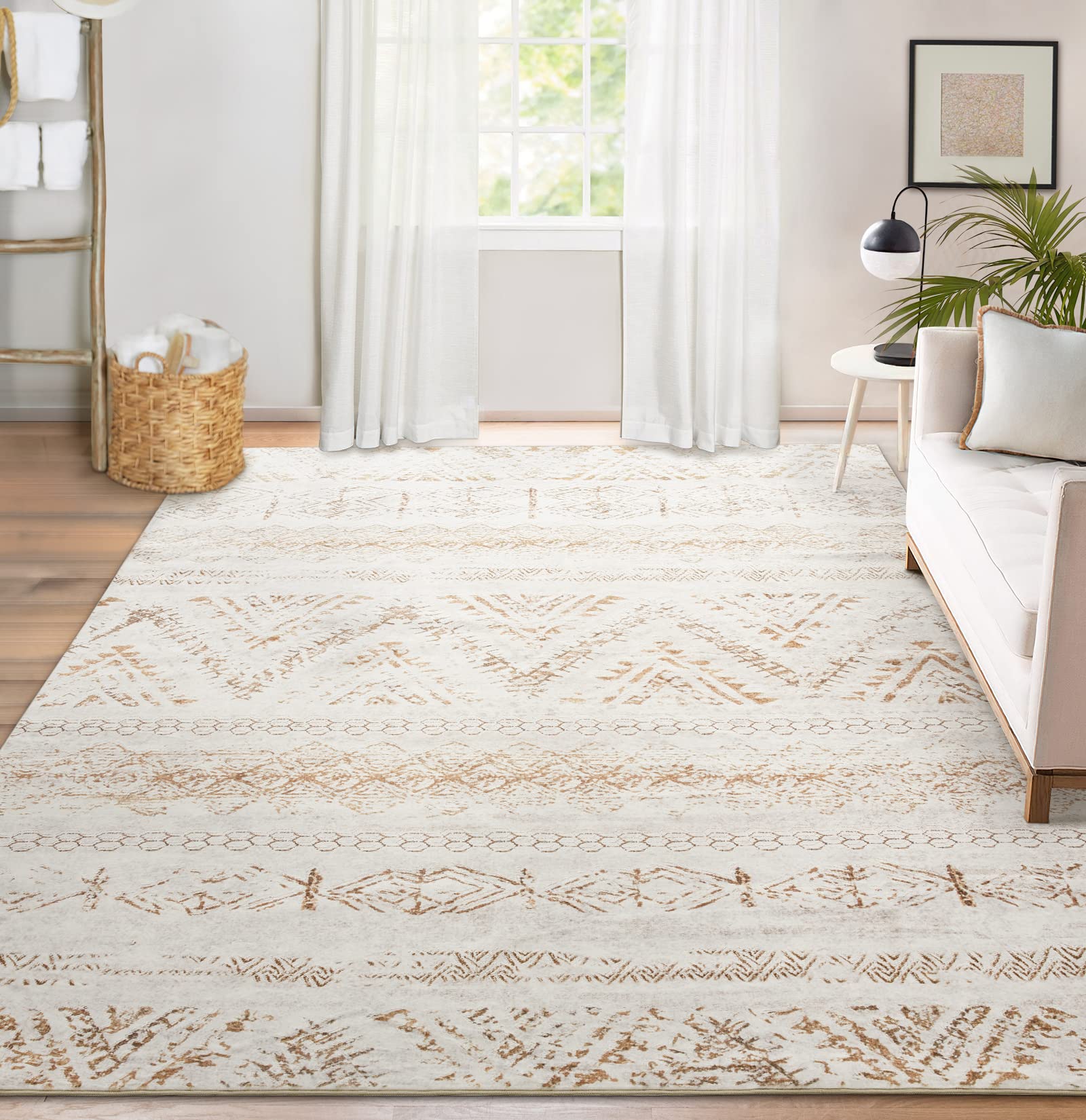 Light Brown/Ivory 5x7 Moroccan Soft Fluffy Geometric Area Rug
