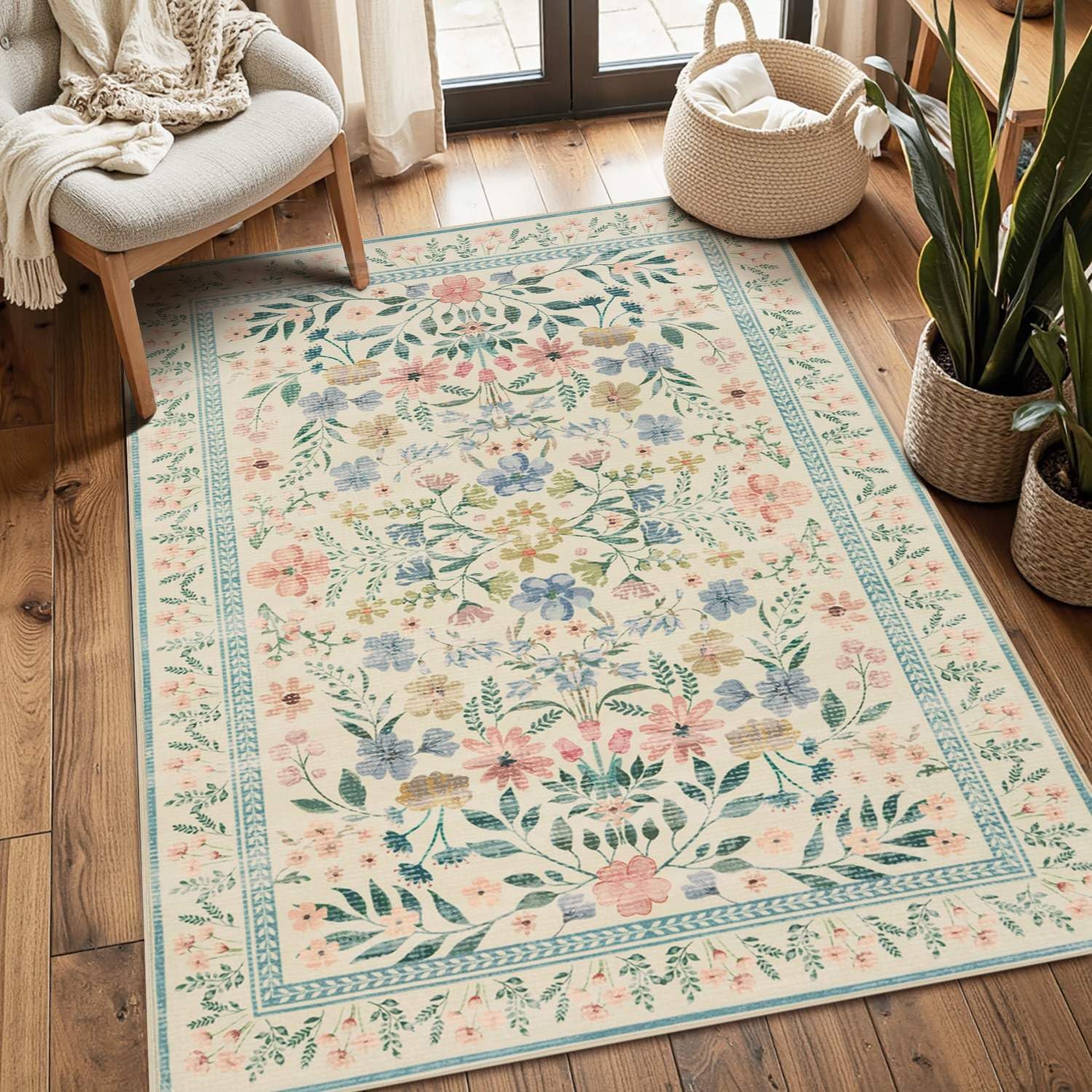 Vintage Green Boho Floral Rug for Living and Bedroom Indoor Rooms