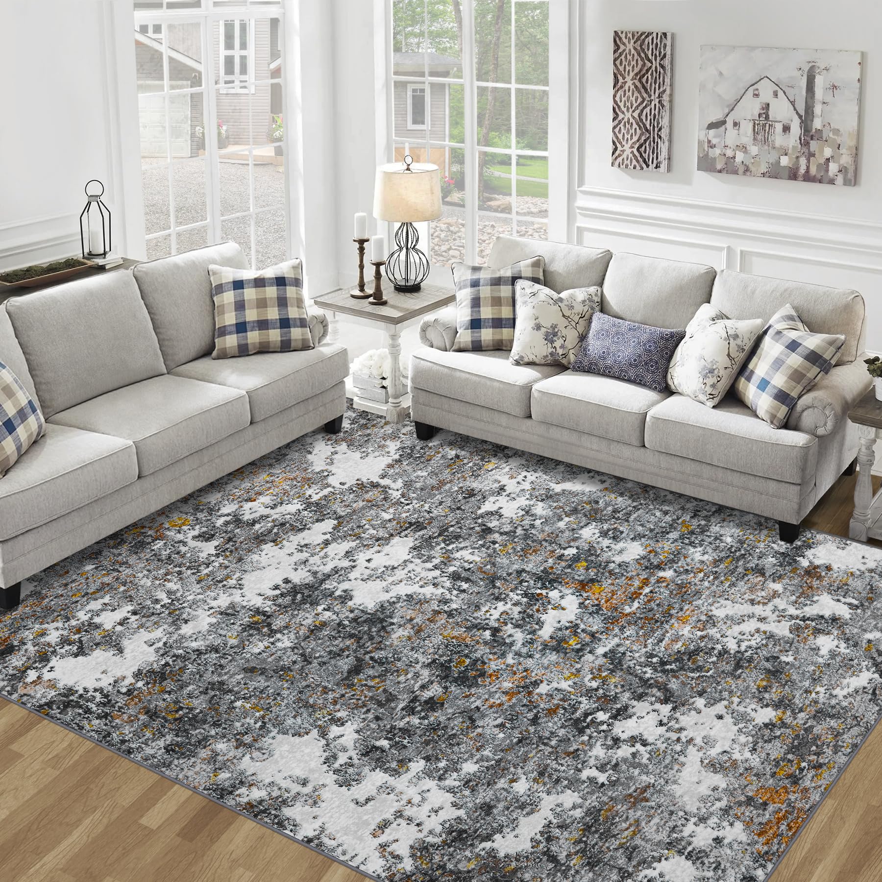 Large Gray/Multi Abstract Anti-Shedding Rug for Living Room and More