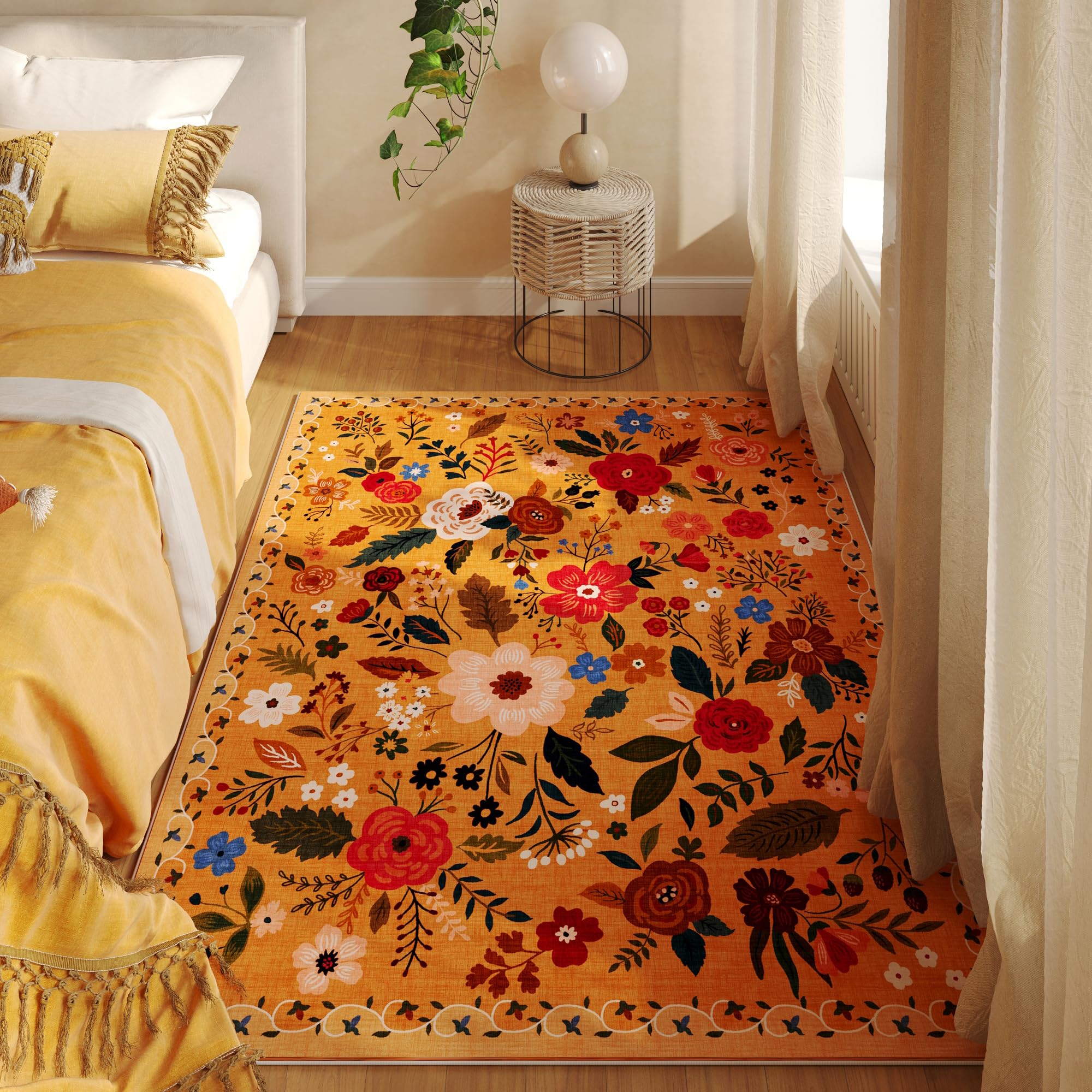 Boho Floral Non-Slip 3x5 Rug for Bedroom and Living Spaces (Yellow)