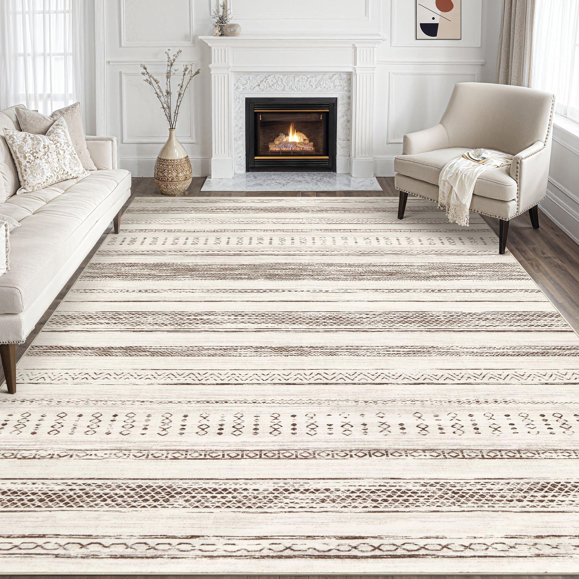 Soft Neutral Boho Moroccan Area Rug - Large &amp; Washable - Ideal for Living Room, Bedroom, Dining or Home Office - Bro